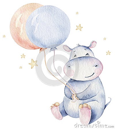 Hand drawn cute isolated tropical summer watercolor hippo animals. hippopotamus baby and mother cartoon animal Cartoon Illustration