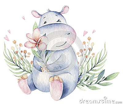 Hand drawn cute isolated tropical summer watercolor hippo animals. hippopotamus baby and mother cartoon animal Cartoon Illustration