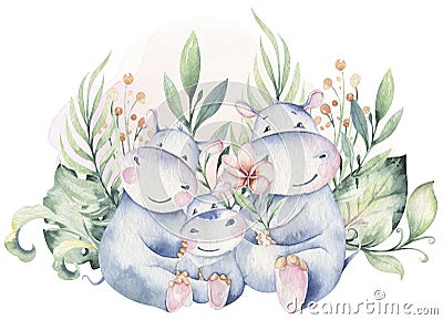 Hand drawn cute isolated tropical summer watercolor hippo animals. hippopotamus baby and mother cartoon animal Cartoon Illustration