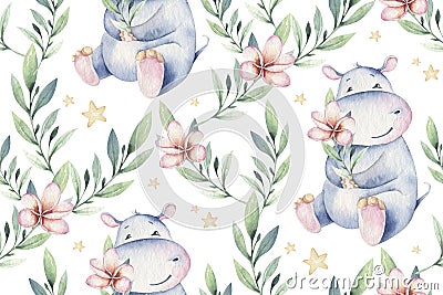 Hand drawn cute isolated tropical summer watercolor hippo animals seamless pattern. hippopotamus baby and mother cartoon Cartoon Illustration