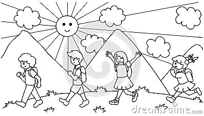 Hand drawn about cute kids walking to school, back to school for design element and coloring book page for kids.Vector illustratio Vector Illustration