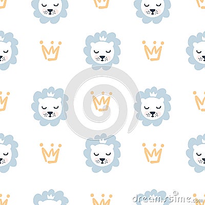 Hand drawn cute lion and crown vector illustration seamless pattern baby boy. Simple repeated texture with scandinavian Vector Illustration