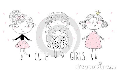 Hand Drawn cute little girl, doodle nursery illustration Vector Illustration