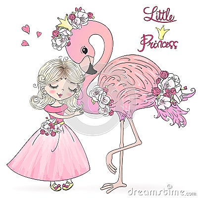 Hand drawn cute Little Princess girl with Flamingo. Vector Illustration.. Vector Illustration