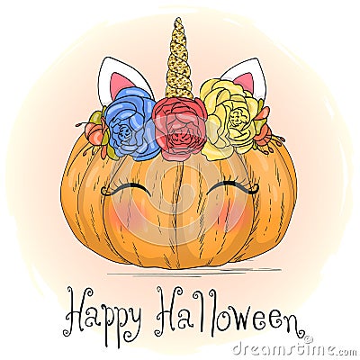 Hand drawn cute little pumpkin head with unicorn decoration. Happy Halloween lettering. Vector illustration. Vector Illustration