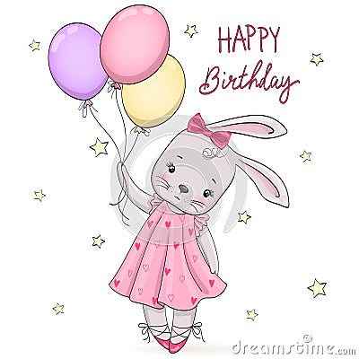 Hand Drawn cute little rabbit girl ballerina with balloons. Vector Illustration