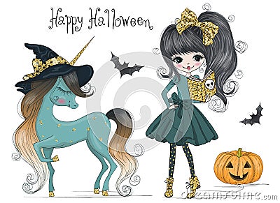 Hand drawn cute little unicorn in witch hat. Happy Halloween lettering. Vector Illustration