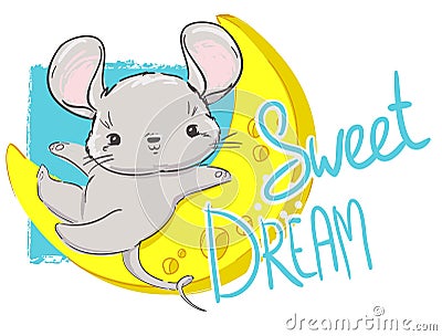 Hand drawn cute Mouse with cheese, cartoon character childish illustration. Rat Sketch. Vector. Symbol 2020 new year chinese Cartoon Illustration