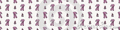 Hand drawn cute pajamas with stuffed toy seamless vector border. Adorable sleeping clothes with plaid for peaceful sleep Vector Illustration