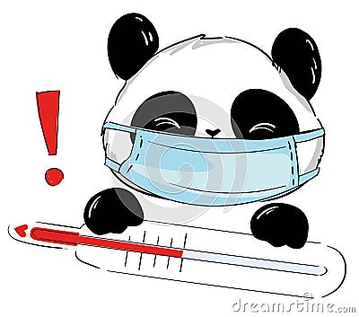 Hand drawn cute Panda wearing a mask with a thermometer. Stop coronavirus. COVID-19 Pandemic medical illustration. Nameplate, Cartoon Illustration