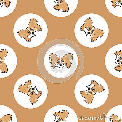 Hand drawn cute Papillon dog face breed in polka dot seamless vector pattern. Purebread pedigree puppy domestic on dotty Stock Photo