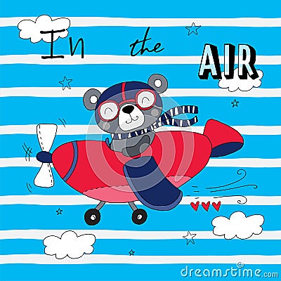 Hand drawn cute plane and bear vector illustration Vector Illustration