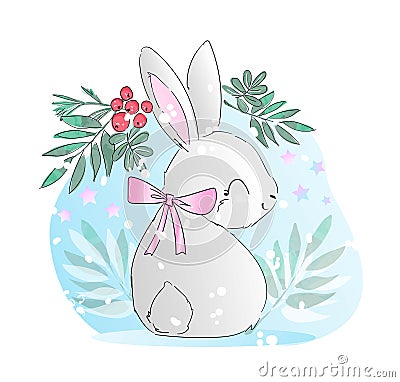 Hand drawn cute rabbit with rowan and leaves vector illustration Vector Illustration