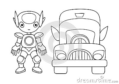 Hand drawn cute robot with car for design element and coloring book page for both kids and adults. Vector illustration Vector Illustration