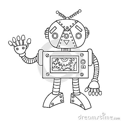 Hand drawn cute robot for design element and coloring book page for both kids and adults. Vector illustration Vector Illustration