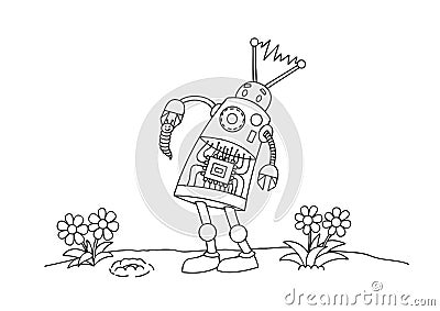 Hand drawn cute robot hold little worm for design element and coloring book page for both kids and adults. Vector illustration Vector Illustration