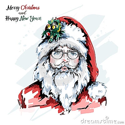 Hand drawn cute Santa Claus portrait. Stylish hipster santa in eyeglasses Vector Illustration