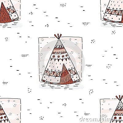 Hand drawn Cute seamless pattern with tee pee wigwam, North American Indian teepee. Vector Illustration