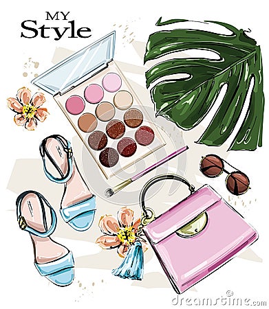 Hand drawn cute set with cosmetics and female accessories. Eyeshadows, sunglasses, makeup brush, bag, palm leaf, flowers. Sketch. Vector Illustration