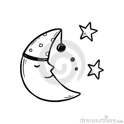 Hand drawn cute sleep moon with smile Vector Illustration
