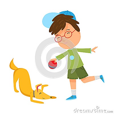 Smiling boy playing with his dog with ball vector illustration Vector Illustration