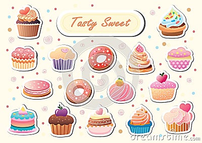 Hand drawn cute sweet baked goods sticker set. Isolated design element for printing. Vector Illustration