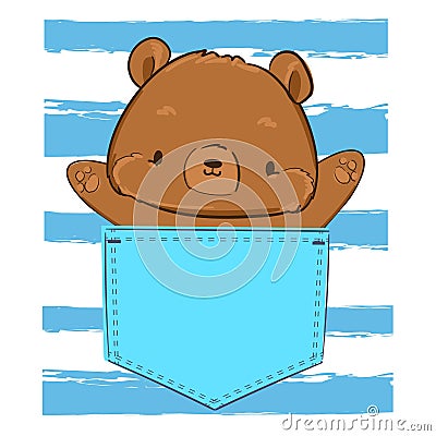 Hand drawn cute teddy bear is sitting in a pocket. Childish print design. vector illustration Stock Photo