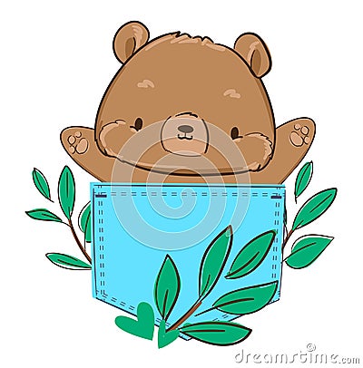 Hand drawn cute teddy bear is sitting in a pocket. Childish print design. vector illustration Stock Photo