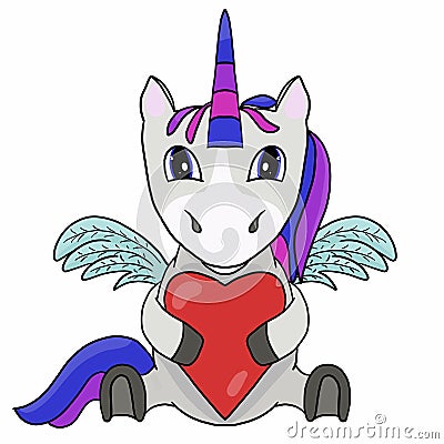 Cute unicorn with wings and heart, clipart Stock Photo