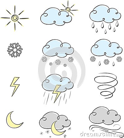 Hand drawn cute weather icons collection Vector Illustration