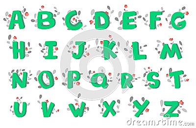 Hand-drawn 3d doodle alphabet, decorated with flowering plants. Vector illustration. Vector Illustration