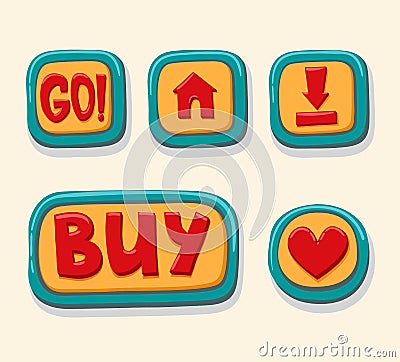 Hand drawn 3d web buttons for the player. GO, home, download, buy, like. internet button set color Vector Illustration