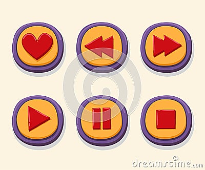 Hand drawn 3d web buttons for the player. Like, rewind, play, pause, stop. internet button set color Vector Illustration