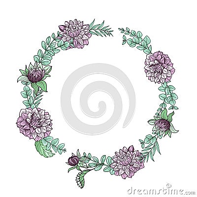 Hand drawn dahlia flowers wreath. Ideal for wedding logos/monograms. Stock Photo
