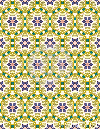 Hand drawn daisy flower mosaic quilt pattern. Vector seamless background. Symmetry geometric floral illustration. Trendy retro geo Cartoon Illustration