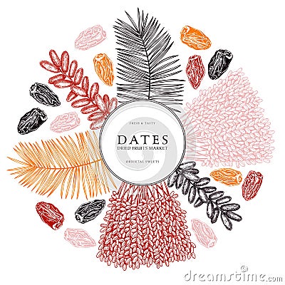 Hand drawn dates leaves, fresh and dried fruits, palm sketches wreath. Dehydrated fruit in engraved style design. Realistic Vector Illustration