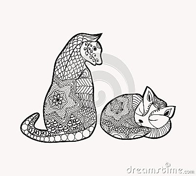 Hand drawn decorated cartoon cat and kitty in boho style Image Vector Illustration