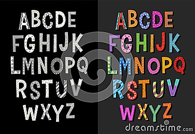 Hand drawn decorative cartoon doodle font in both color and black and white Vector Illustration