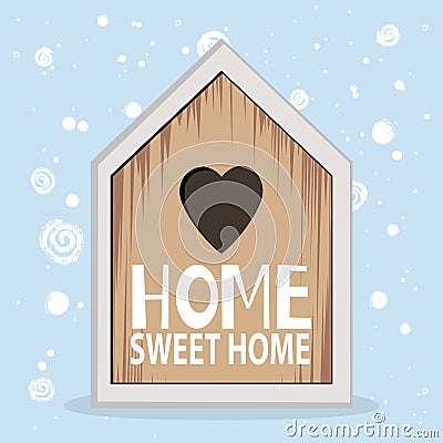 Hand drawn decorative cute wooden House statuette with text Sweet Home and heart and circles brush. Home decor figurine, cozy art Vector Illustration