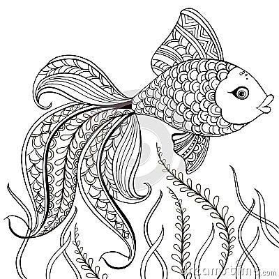 Hand drawn decorative fish for for the anti stress coloring page. Hand drawn black decorative fish isolated on white background Vector Illustration