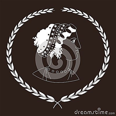 Hand drawn decorative logo with head of ancient Greek women, negative. Vector Illustration