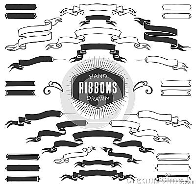 Hand drawn decorative ribbon banners. Vintage vector design Vector Illustration