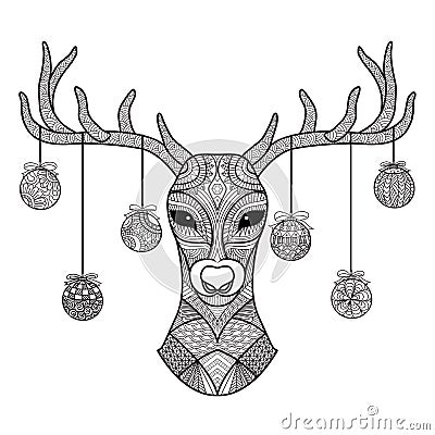 Hand drawn deer head with Christmas balls hanging on its horn, for coloring book,christmas card,decoration Vector Illustration