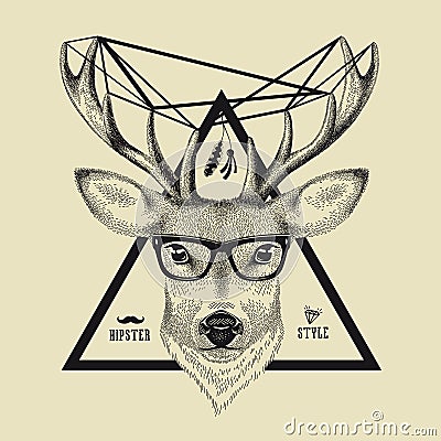 Hand drawn of a deer head in hipster style. Vector illustration of a hipster deer wearing spectacles Vector Illustration