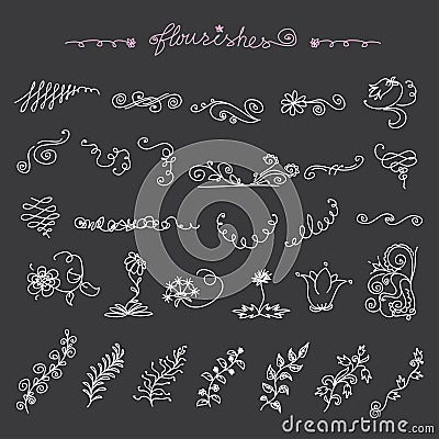 Hand drawn design elements: flowers, wreaths, banners, ribbons Vector Illustration