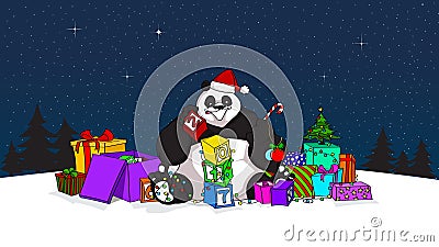 Hand drawn design of Panda as Santa with blocks, a lot of presents, new year's tree and many others decorations Vector Illustration