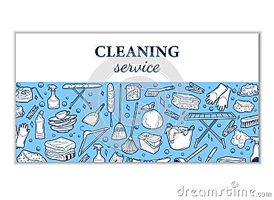 Hand drawn design visiting card for cleaning service. Clean Tools Banner Hand drawn Doodle style. Illustration for Vector Illustration