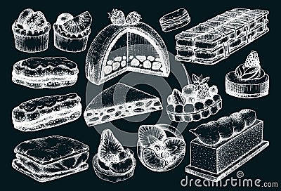 Hand drawn desserts illustrations set. Layer cakes, biscuits, eclairs, vanilla slices, tartlets, cheesecake, meringue sketches on Vector Illustration