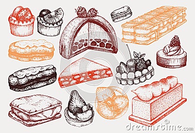 Hand drawn desserts illustrations set. Layer cakes, biscuits, eclairs, vanilla slices, tartlets, cheesecake, meringue sketches in Vector Illustration