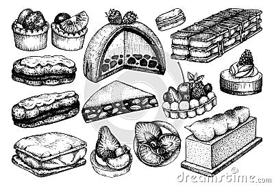 Hand drawn desserts illustrations set. Layer cakes, biscuits, eclairs, vanilla slices, tartlets, cheesecake, meringue sketches Vector Illustration